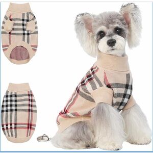 Beige Plaid Knit Dog Sweater - Fashionable Turtleneck Made in Italy
